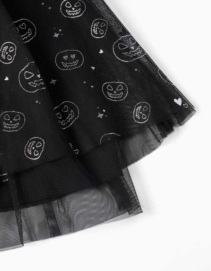Layered tulle skirt with glittering pumpkin motif for girls, black
