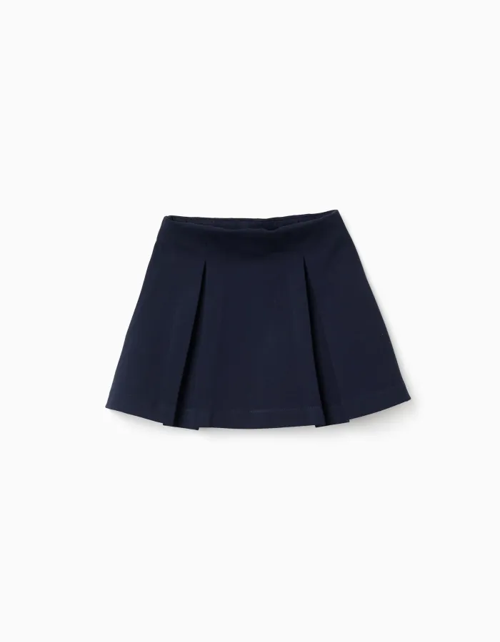 Roma knit skirt with front and back pleats for girls, navy blue