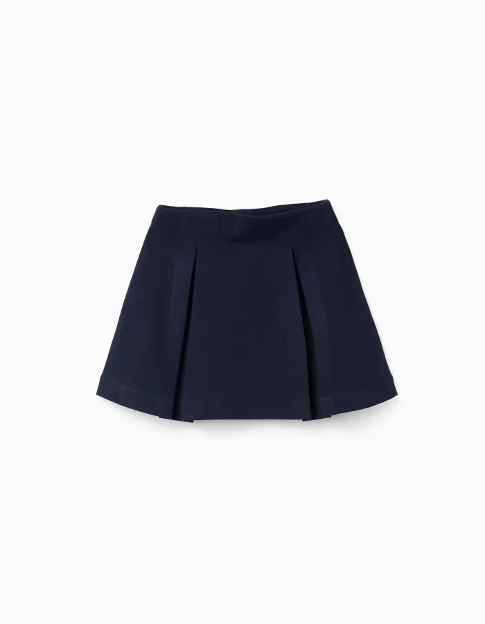 Roma knit skirt with front and back pleats for girls, navy blue