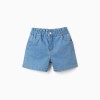 Denim shorts with paperbag waistband for girls, light blue