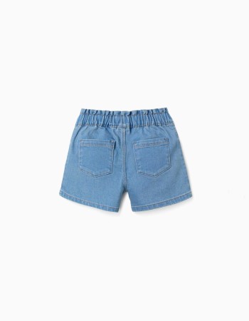 Denim shorts with paperbag waistband for girls, light blue