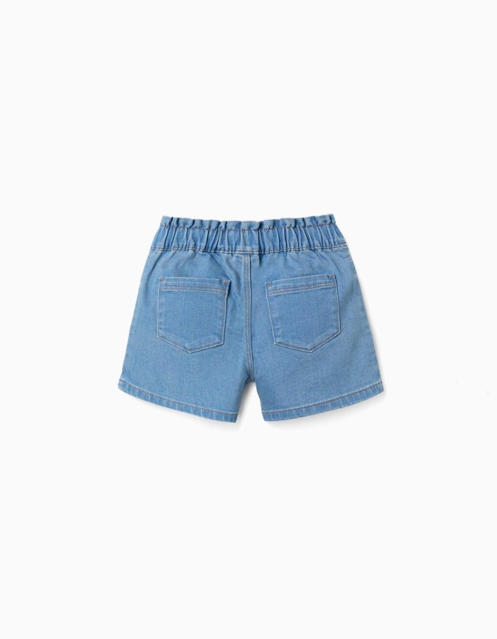 Denim shorts with paperbag waistband for girls, light blue