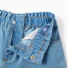 Denim shorts with paperbag waistband for girls, light blue