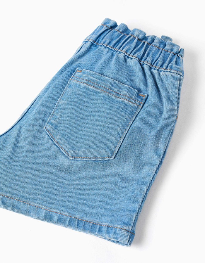Denim shorts with paperbag waistband for girls, light blue