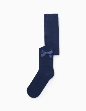 Girls' Cotton Tights with Satin Bow, Dark Blue