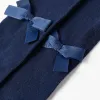 Girls' Cotton Tights with Satin Bow, Dark Blue