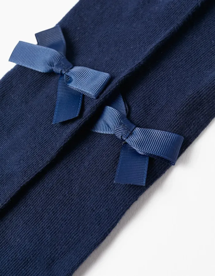 Girls' Cotton Tights with Satin Bow, Dark Blue