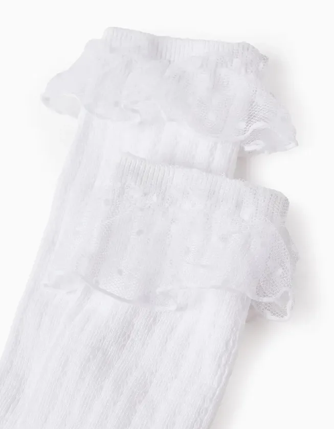 High Socks with Tulle Ruffles for Girls, White