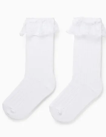 High Socks with Tulle Ruffles for Girls, White