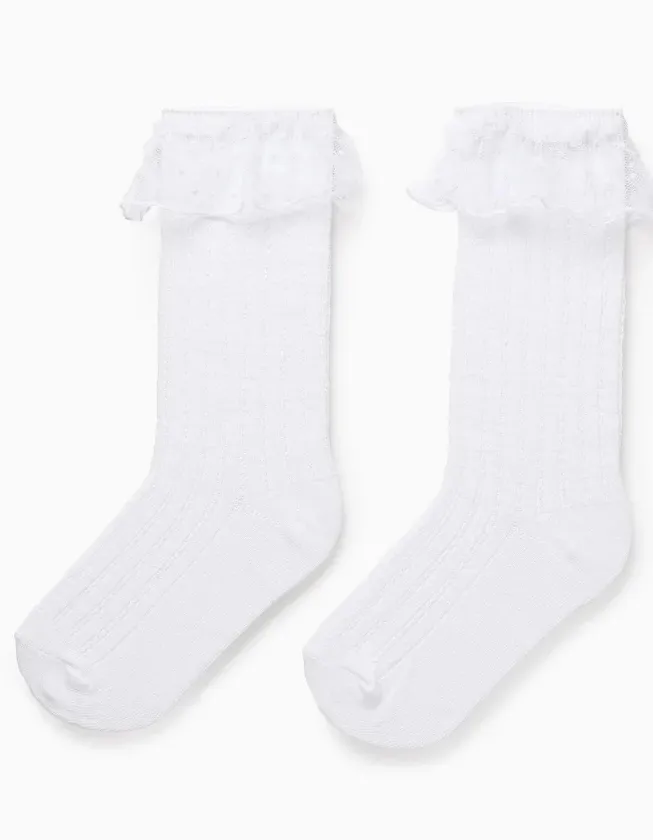 High Socks with Tulle Ruffles for Girls, White