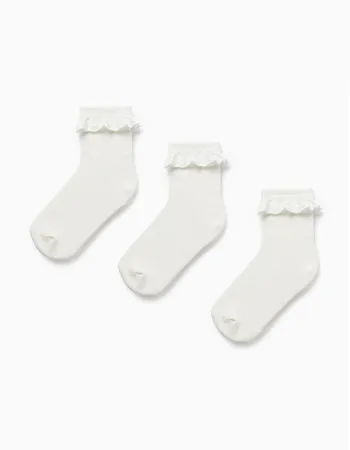 Pack of 3 Pairs of Socks with Broderie Anglaise for Girls, White