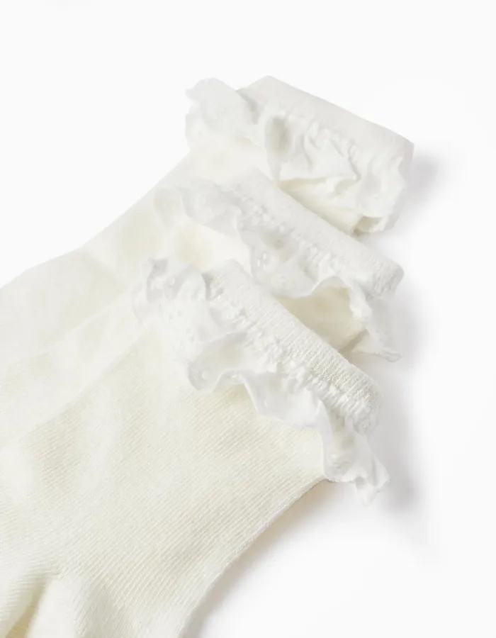 Pack of 3 Pairs of Socks with Broderie Anglaise for Girls, White