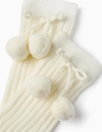 High Socks with Pompons for Girls, White