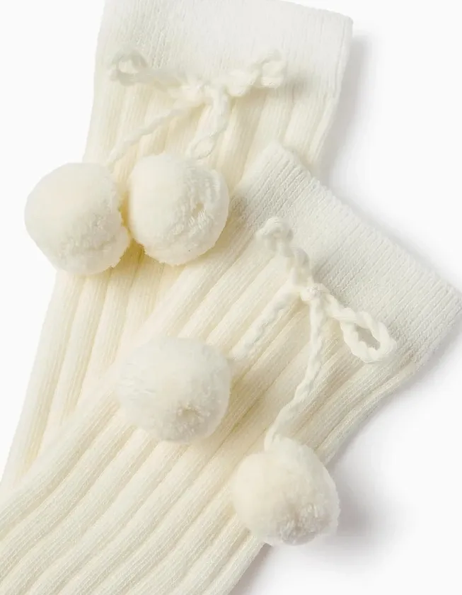High Socks with Pompons for Girls, White