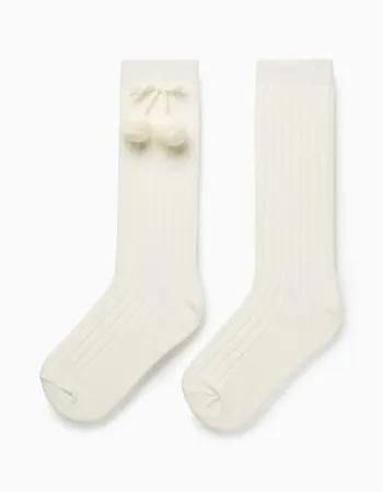 High Socks with Pompons for Girls, White