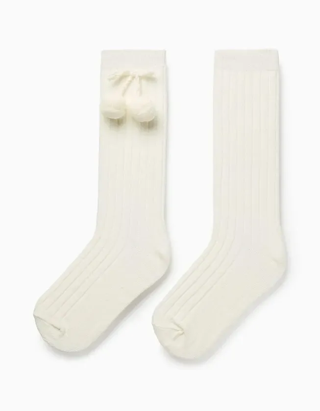 High Socks with Pompons for Girls, White