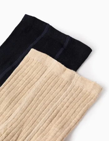 Pack of 2 Tights Ribbed/with Bow for Girls, Beige/Dark Blue