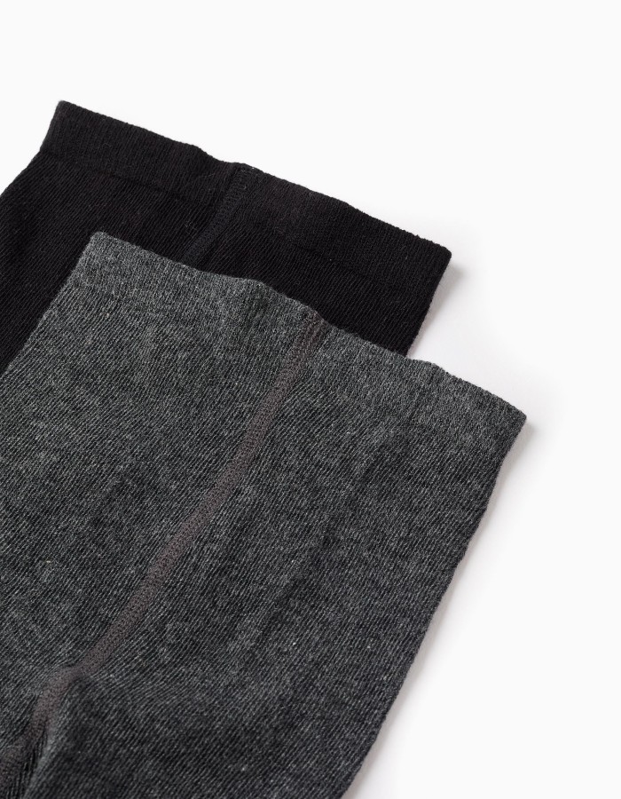 Pack of 2 Tights Plain/Rhombus for Girls, Grey/Black