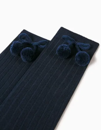 High Socks with Pompons for Girls, Dark Blue