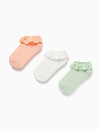 Pack 3 pairs of ankle socks with broderie anglaise for girls, multicolour