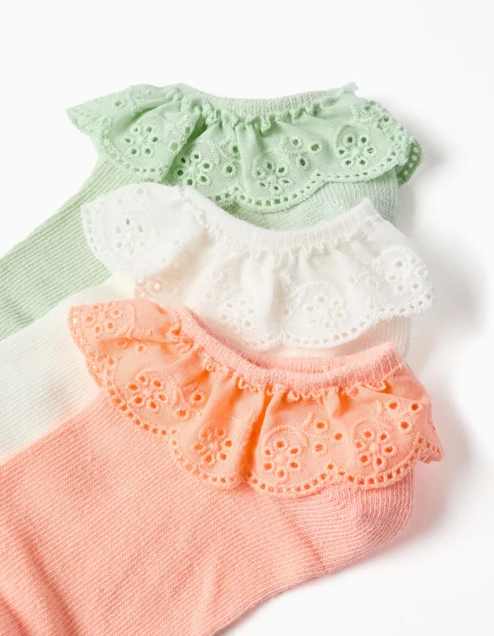 Pack 3 pairs of ankle socks with broderie anglaise for girls, multicolour