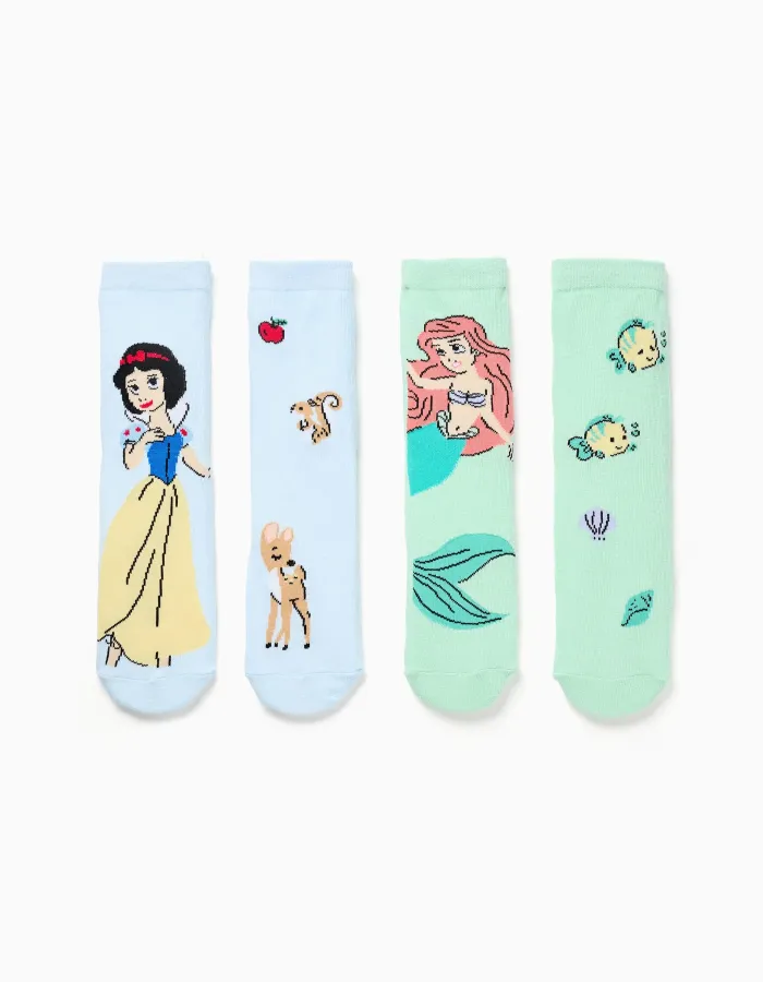 Pack of 2 non-slip socks with Princesses print for girls, blue/green