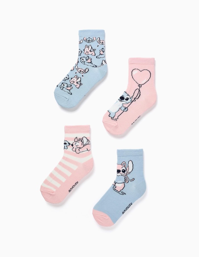 Pack of 4 pairs of socks with Stitch prints for girls, pink/blue