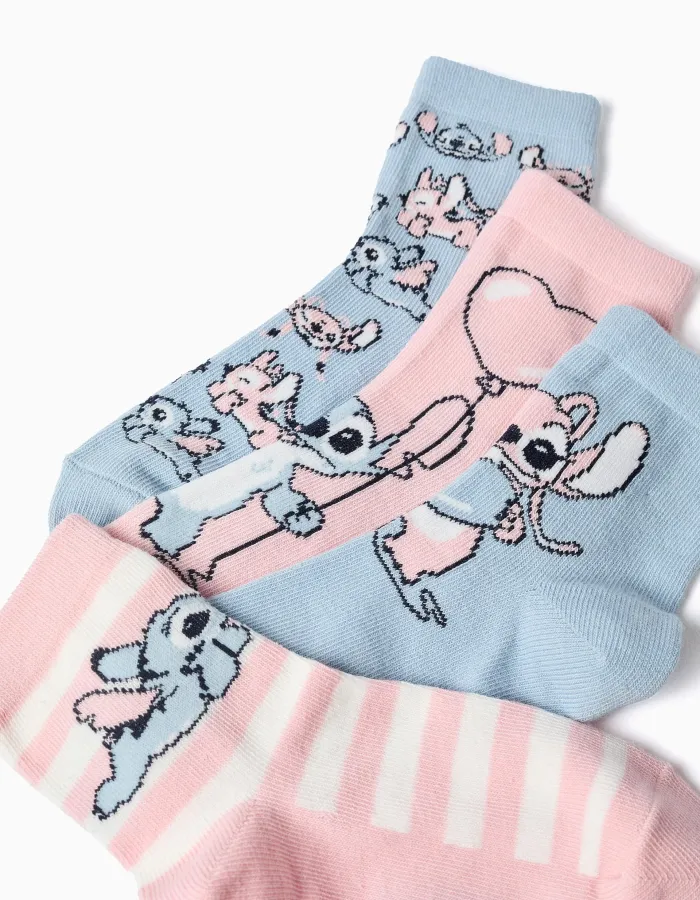 Pack of 4 pairs of socks with Stitch prints for girls, pink/blue