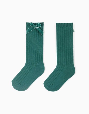 Ribbed knee-high socks with velvet bow for girls, dark green