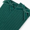 Ribbed knee-high socks with velvet bow for girls, dark green