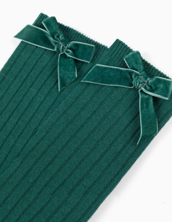 Ribbed knee-high socks with velvet bow for girls, dark green