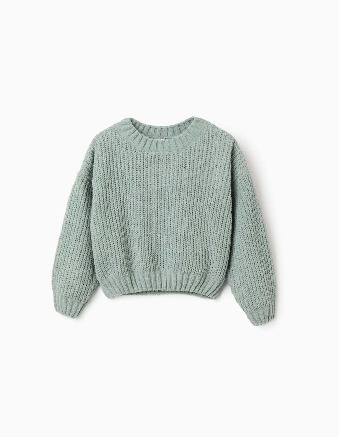 Chenille knit jumper with dropped shoulders for girls, light green