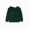 Knitted jumper with ruffled collar for girls, dark green