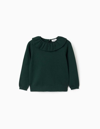 Knitted jumper with ruffled collar for girls, dark green