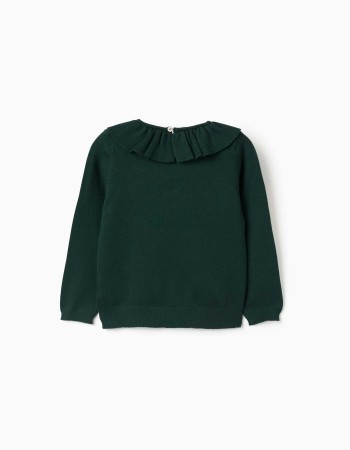 Knitted jumper with ruffled collar for girls, dark green