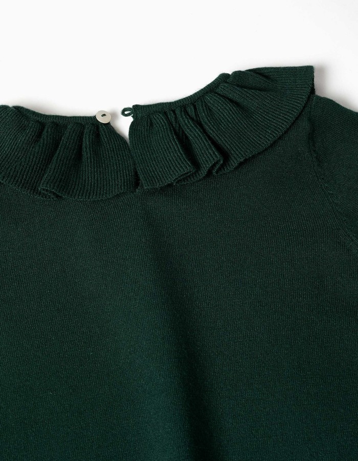 Knitted jumper with ruffled collar for girls, dark green