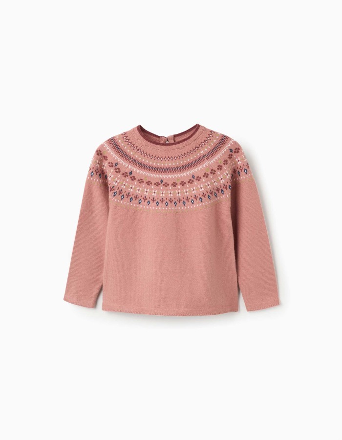 Knitted jumper with jacquard pattern for girls, dusty pink