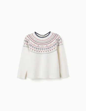 Knitted jumper with jacquard pattern for girls, white