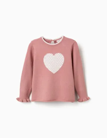 Knitted jumper with jacquard heart for girls, pink/white