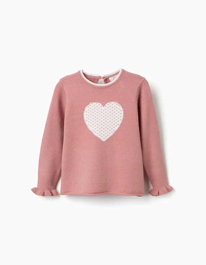 Knitted jumper with jacquard heart for girls, pink/white