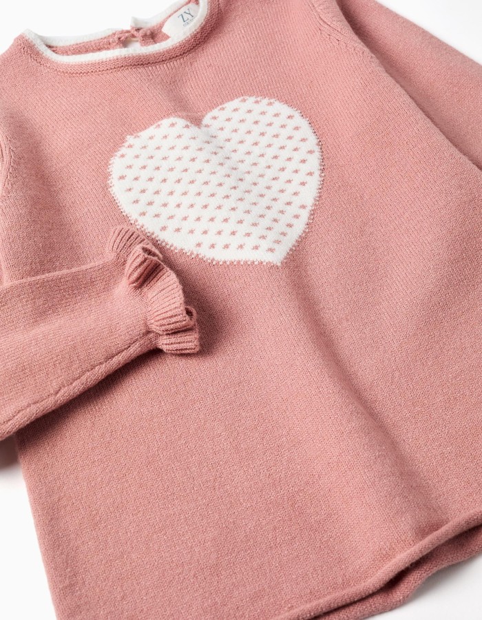 Knitted jumper with jacquard heart for girls, pink/white