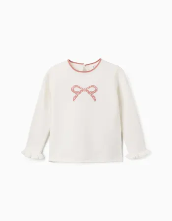 Knitted jumper with jacquard bow for girls, white/pink