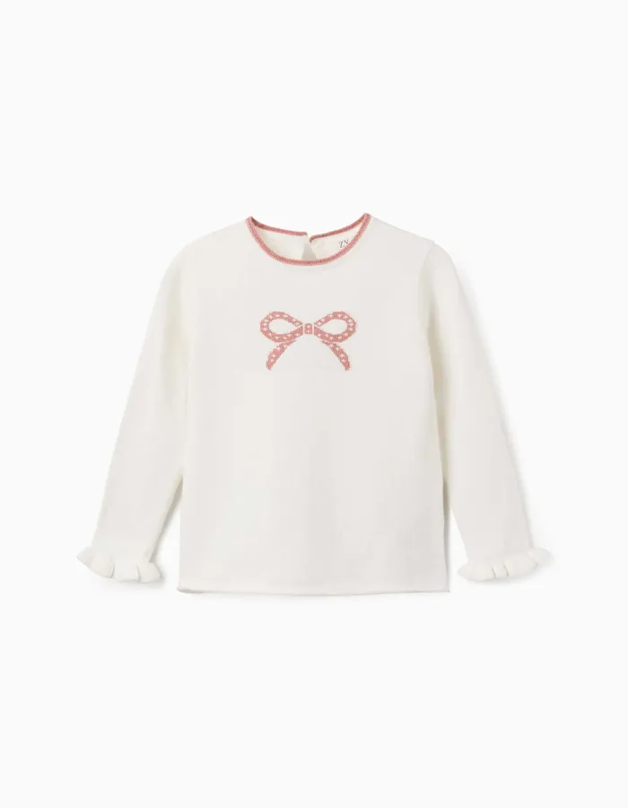 Knitted jumper with jacquard bow for girls, white/pink