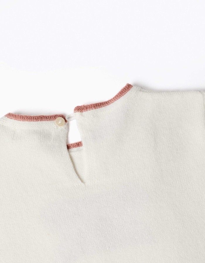 Knitted jumper with jacquard bow for girls, white/pink