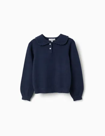 Knitted jumper with scalloped collar for girls, navy blue