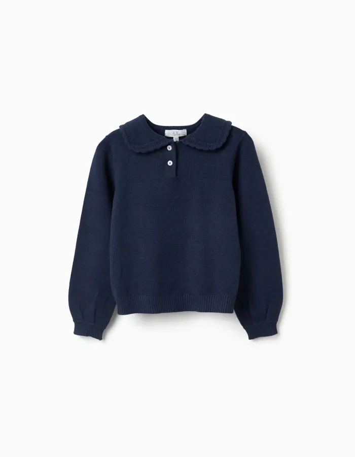 Knitted jumper with scalloped collar for girls, navy blue