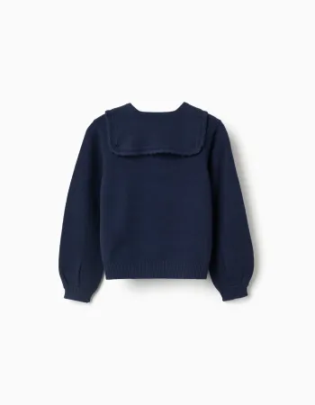 Knitted jumper with scalloped collar for girls, navy blue