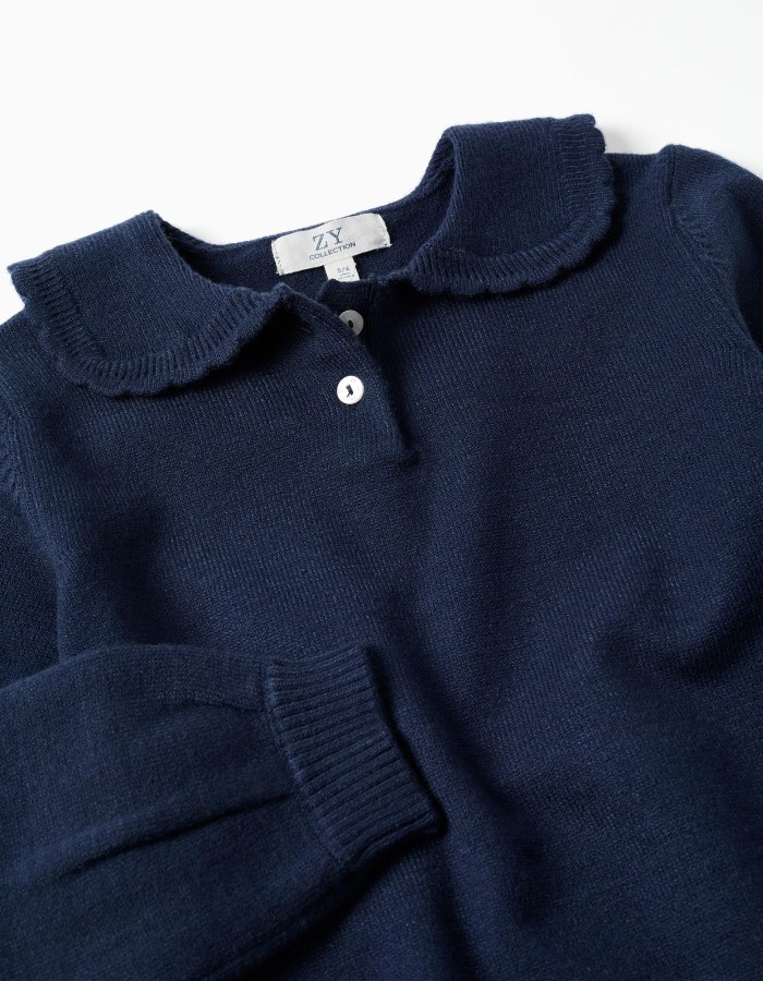 Knitted jumper with scalloped collar for girls, navy blue