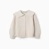 Knitted cardigan with embroidered collar for girls, light beige
