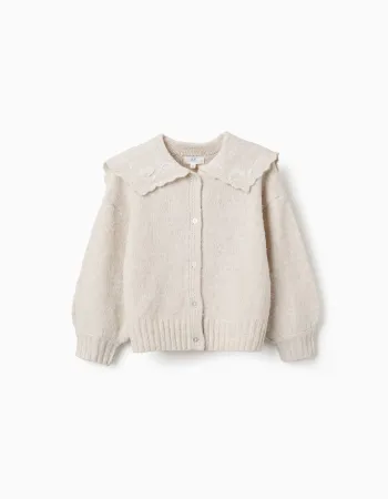 Knitted cardigan with embroidered collar for girls, light beige